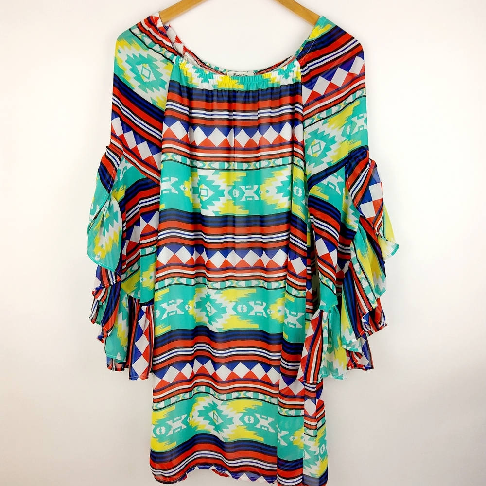 Rachel Kate Aztec Print Bell Sleeve Dress